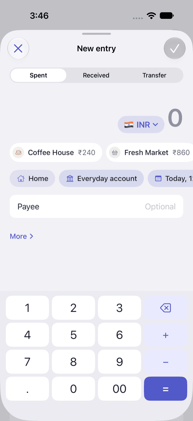Tillwise's new entry sheet, with a large amount, a calculator keypad, and chips for category, account and date.