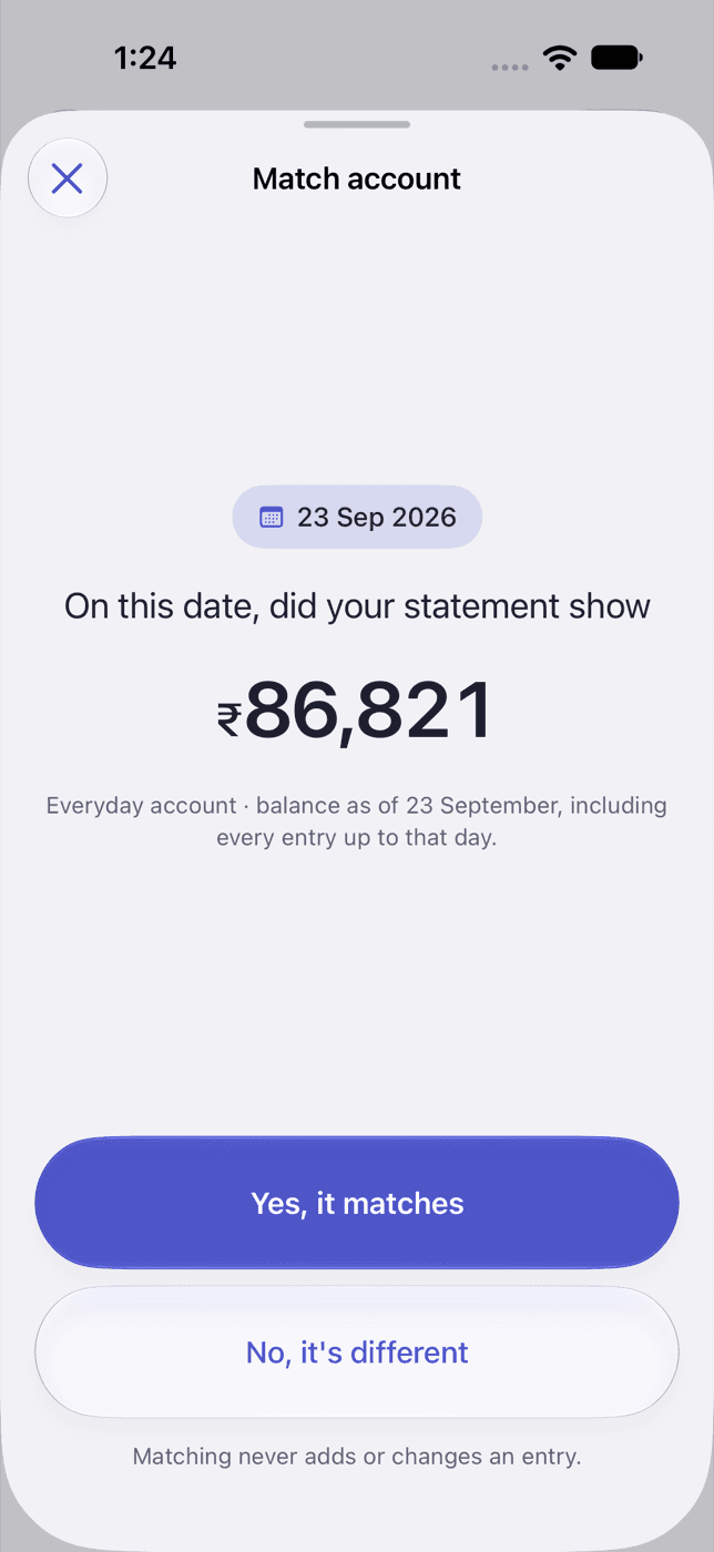 Tillwise's Match screen, asking whether the statement showed the same balance on a given date, with buttons for yes and no.