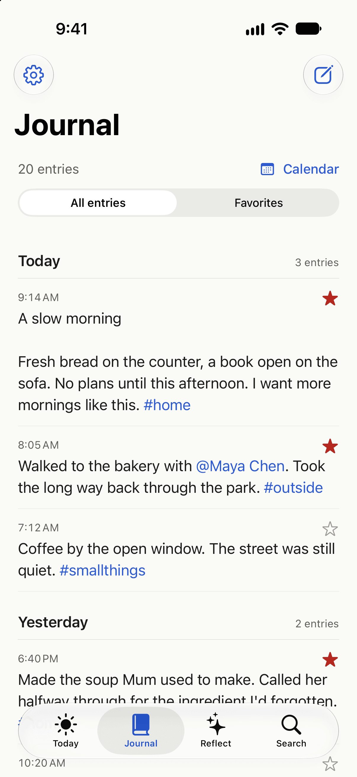 Journal, with 20 sample entries grouped by day, favourite stars, inline tags and a mention of Maya Chen.
