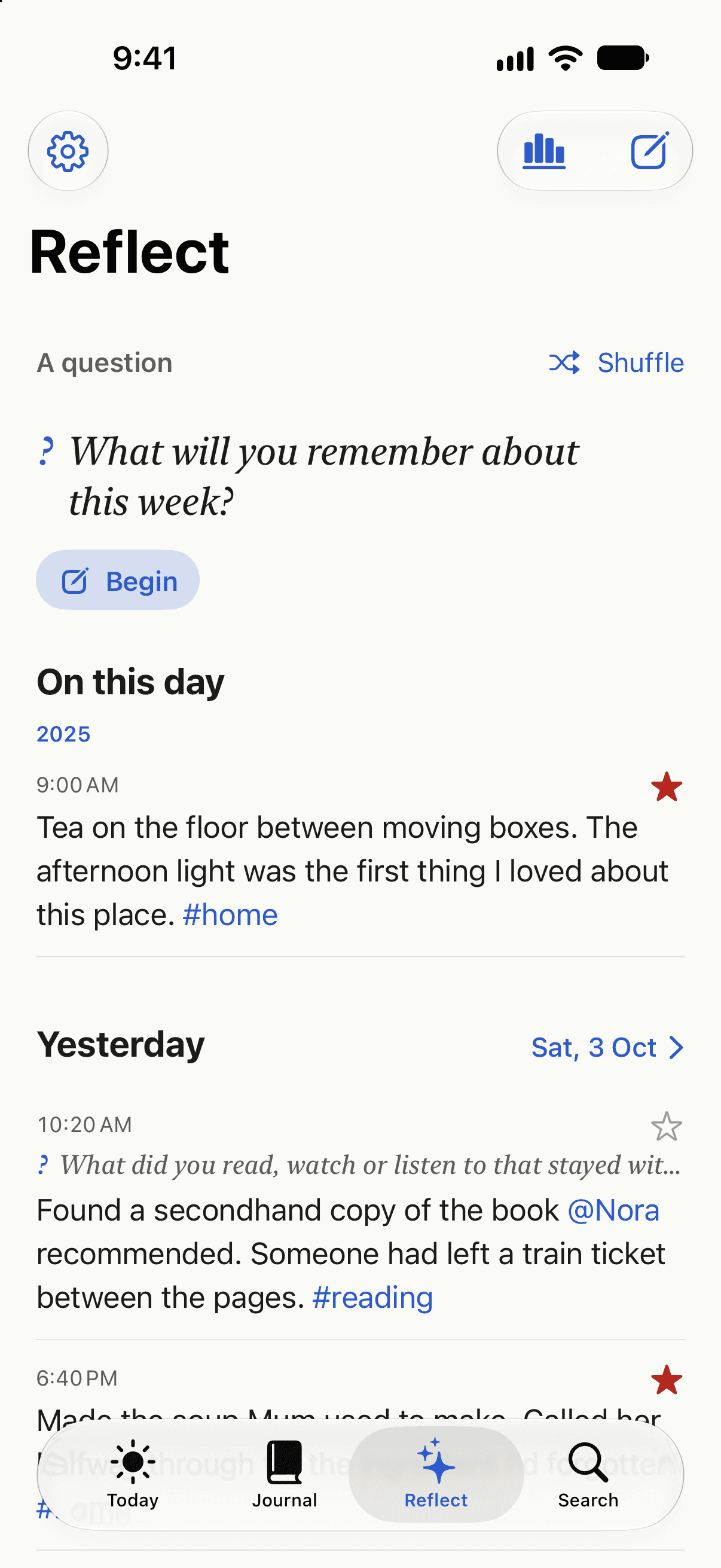 Reflect, with a writing question, an On this day entry from 2025 and entries from yesterday.