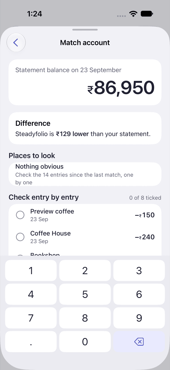 Steadyfolio's Match screen, showing the difference against a statement, a list of places to look, and a tick-off list of entries.